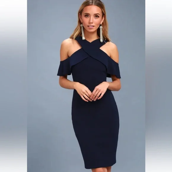 Lulus Cityscape Navy Blue Bodycon Dress Sz M Halter Off The Shoulder Sleeves NWT - Picture 4 of 10